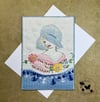 Custom Quilted Vintage Keepsake Postcard- Silk Blue Sun Bonnet Belle