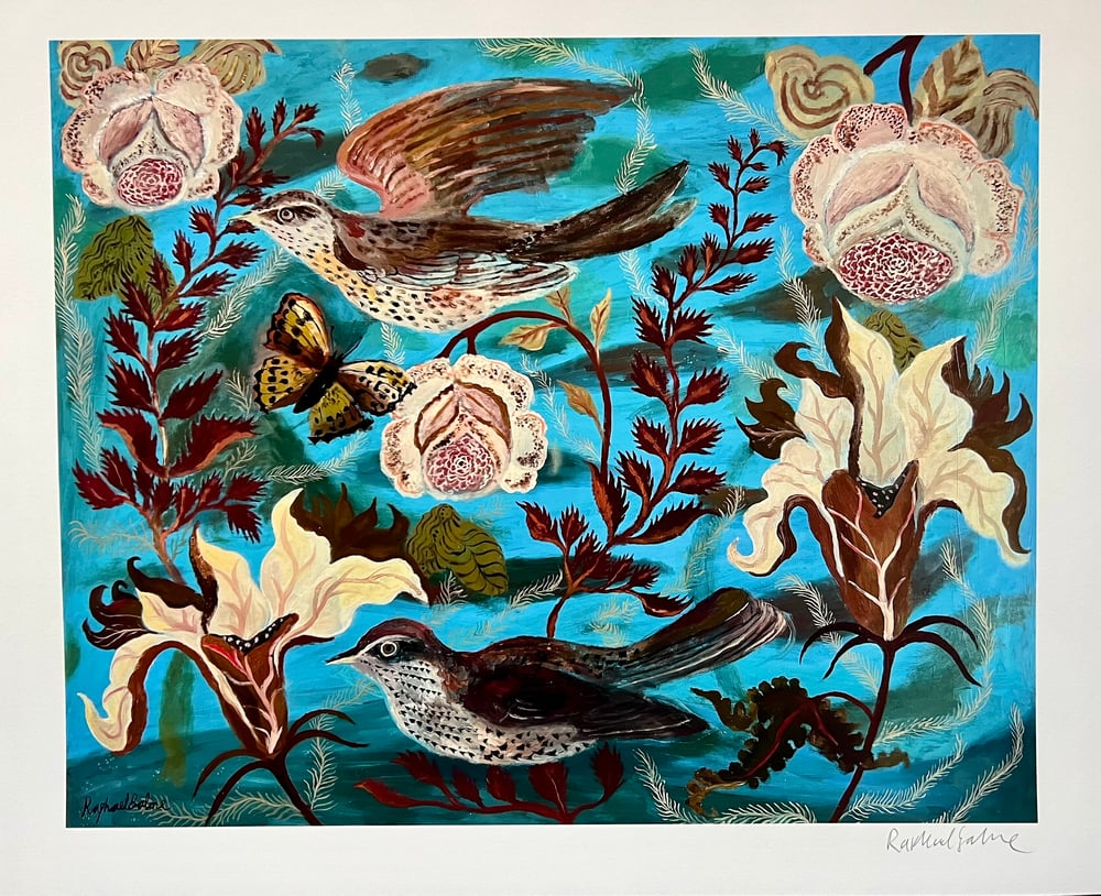 Image of Birds in Blue Garden