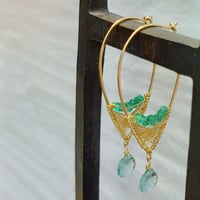 Image 1 of Gold Emerald Aqua Quartz Hoop Earrings