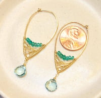 Image 3 of Gold Emerald Aqua Quartz Hoop Earrings