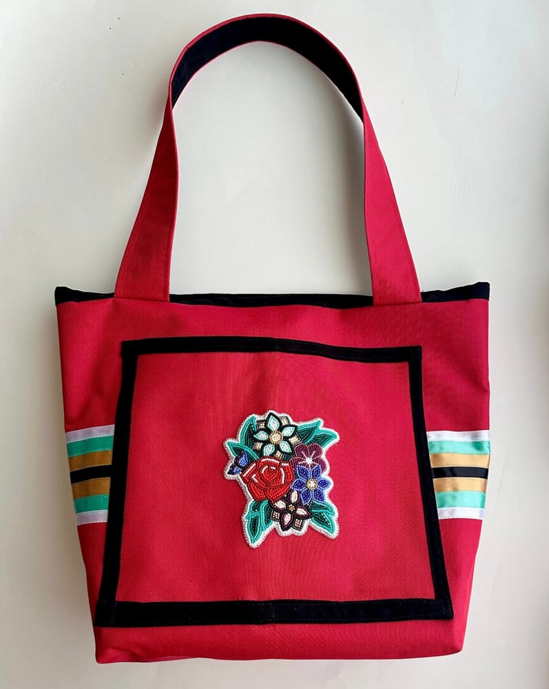 Image of Handmade Red purse with large floral beadwork