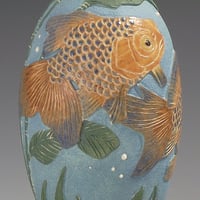 Image 2 of Orange & turquoise moor fish sgraffito vessel 