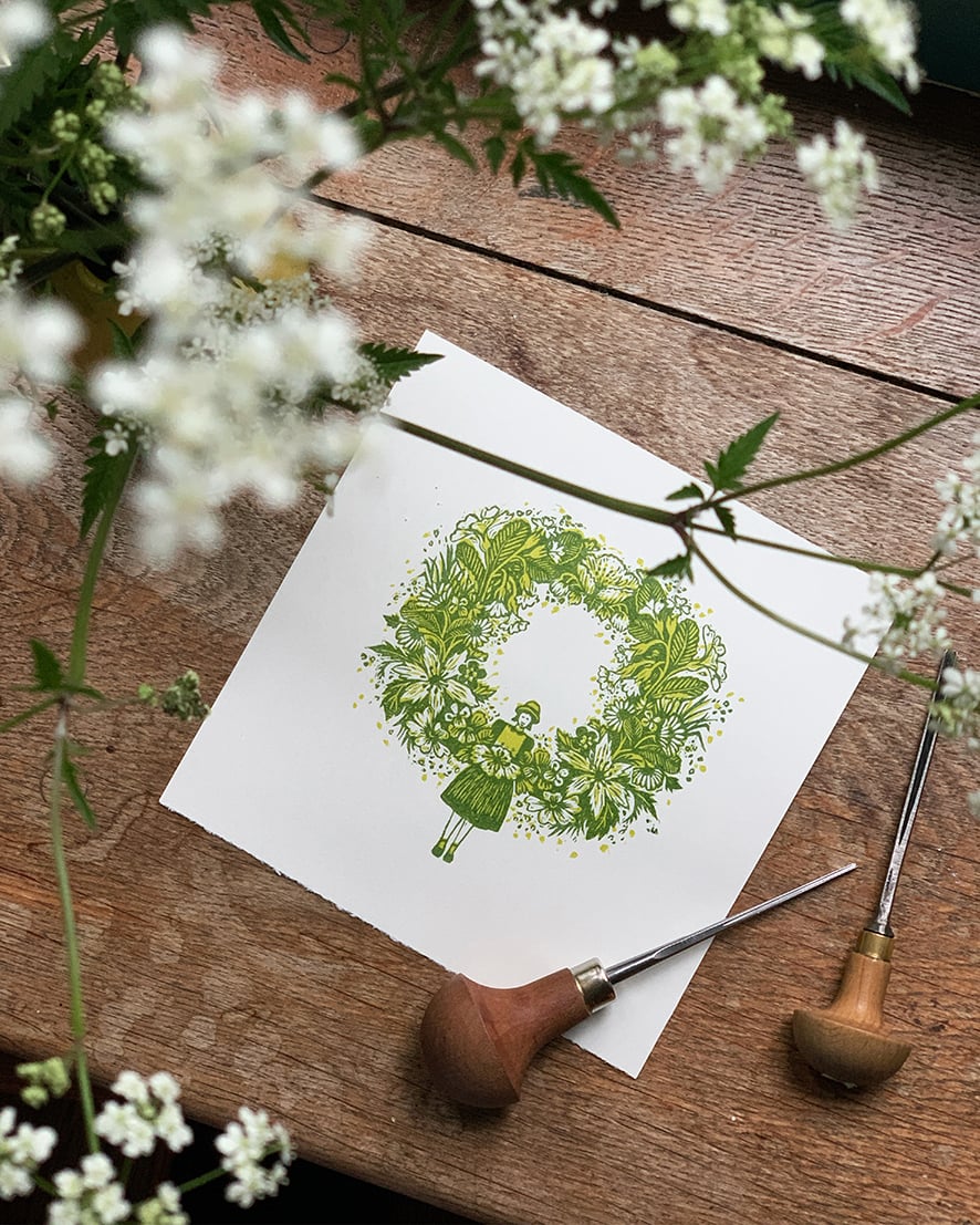Image of Spring Wreath - Linocut