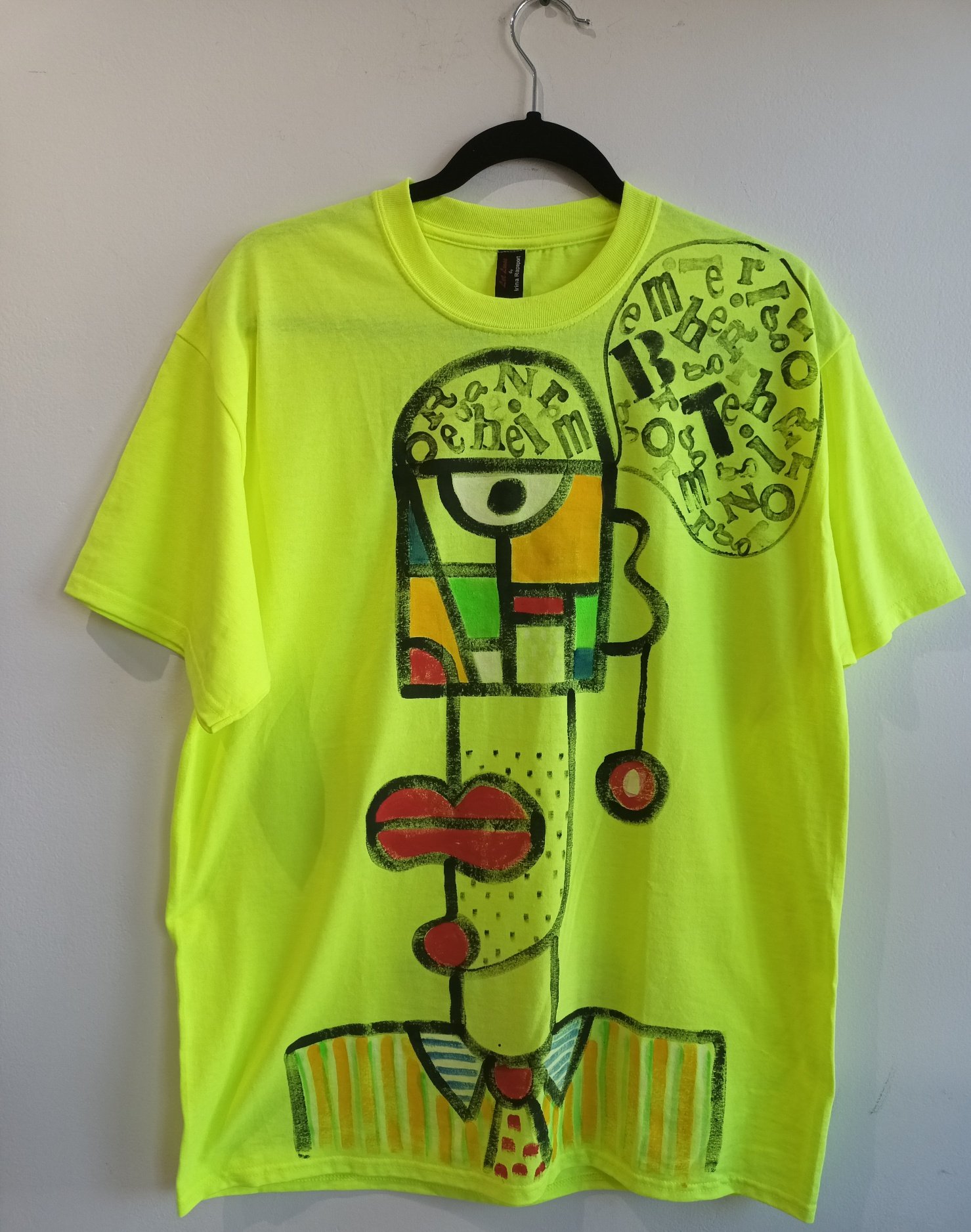 Image of neon lime green tshirt, handpainted...medium