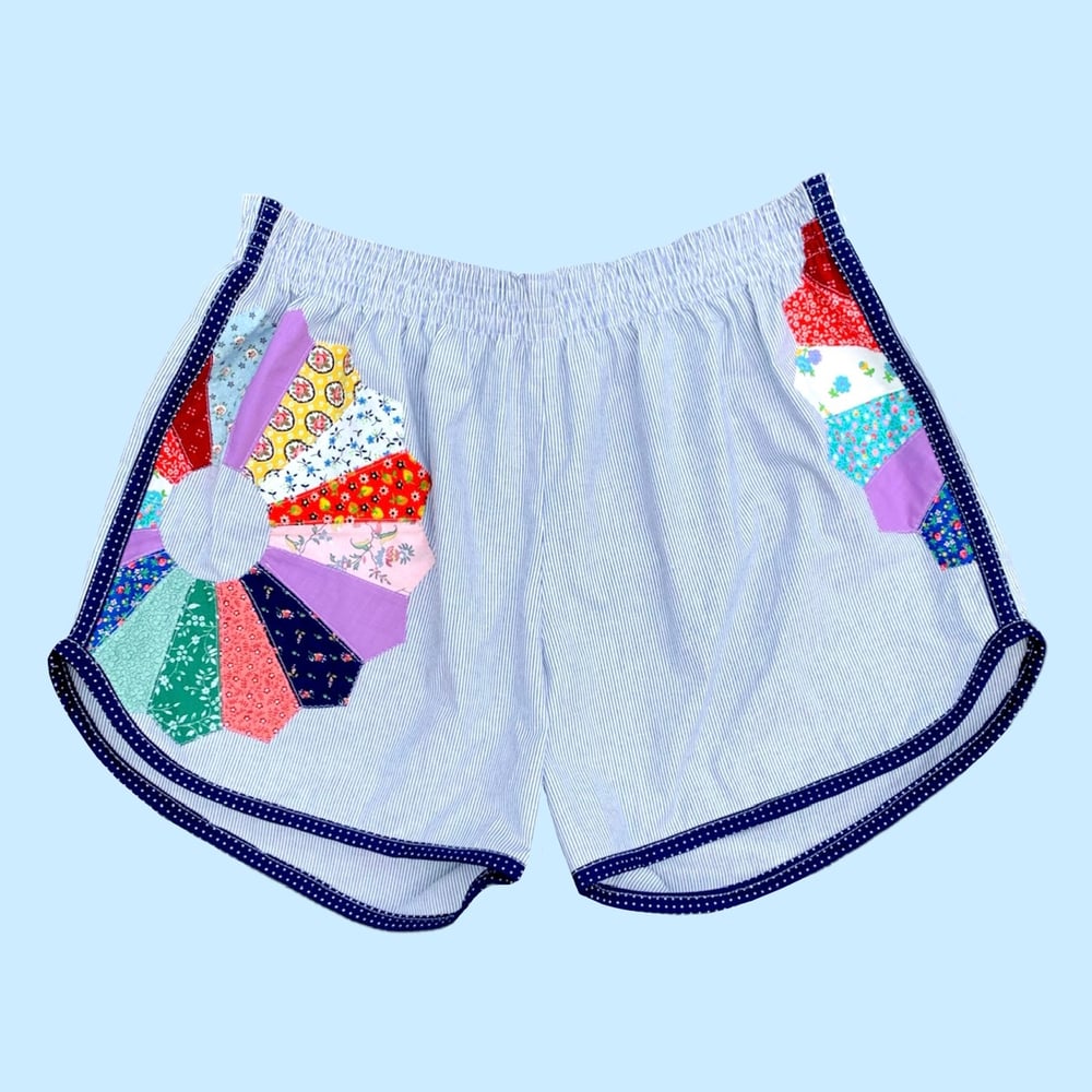 Image of Retro Jogger Shorts — Dresden Plate & Pinstripe Navy Trim
