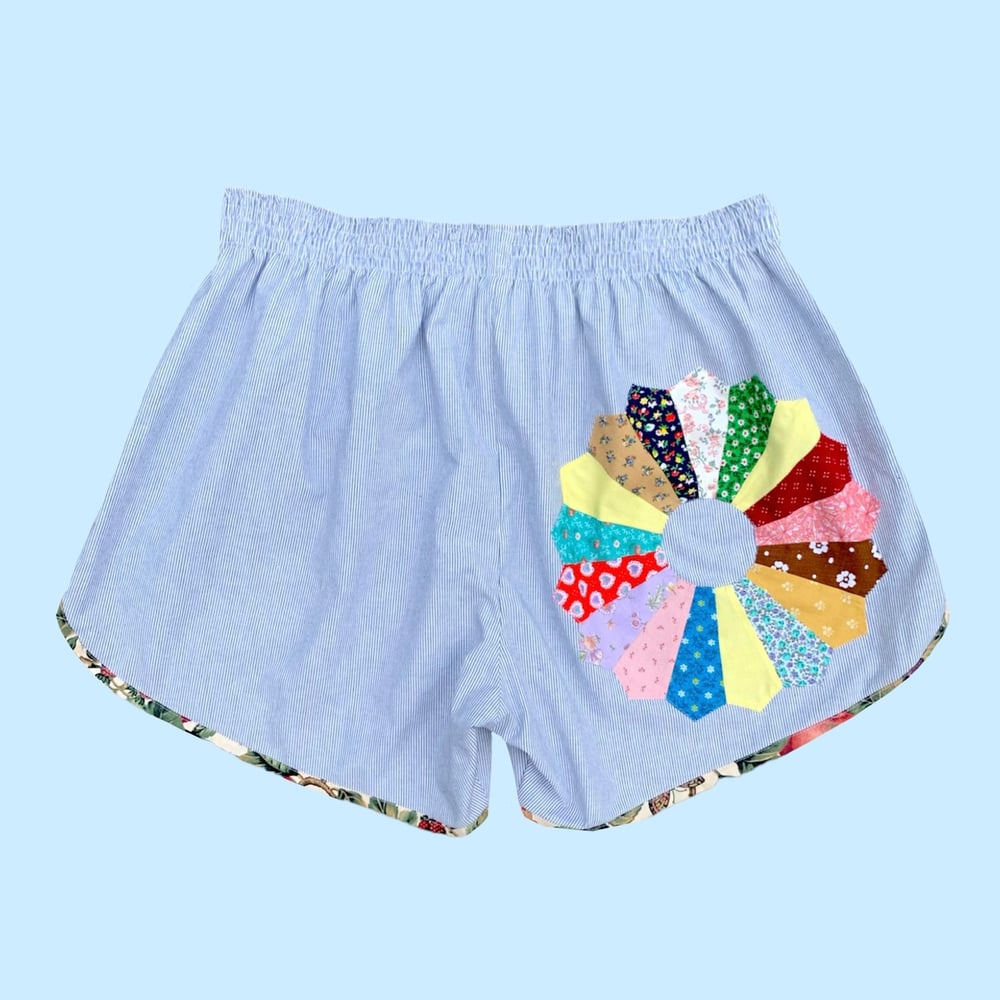 Image of Retro Jogger Shorts — Dresden Plate & Pinstripe Botanical Trim