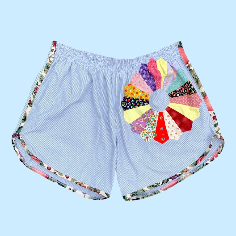 Image of Retro Jogger Shorts — Dresden Plate & Pinstripe Botanical Trim