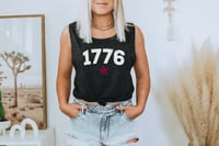 Image 1 of 1776 Distressed  - Black Heather Ladies’ Muscle Tank from PatriotsCo.com