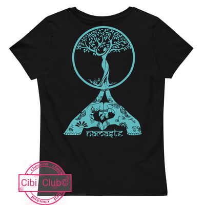 Image of Tee-shirt coton bio F. près du corps "Namasté" Noir, imprimé turquoise