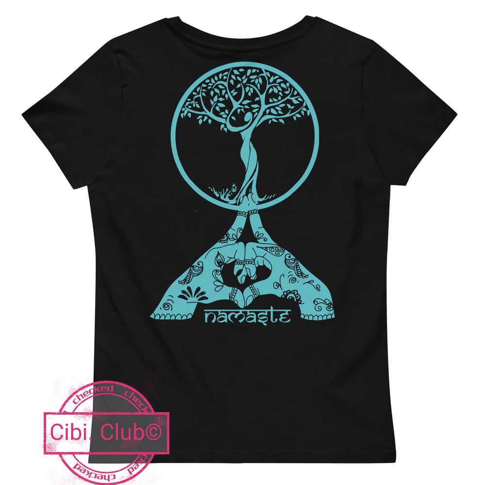 Image of Tee-shirt coton bio F. près du corps "Namasté" Noir, imprimé turquoise