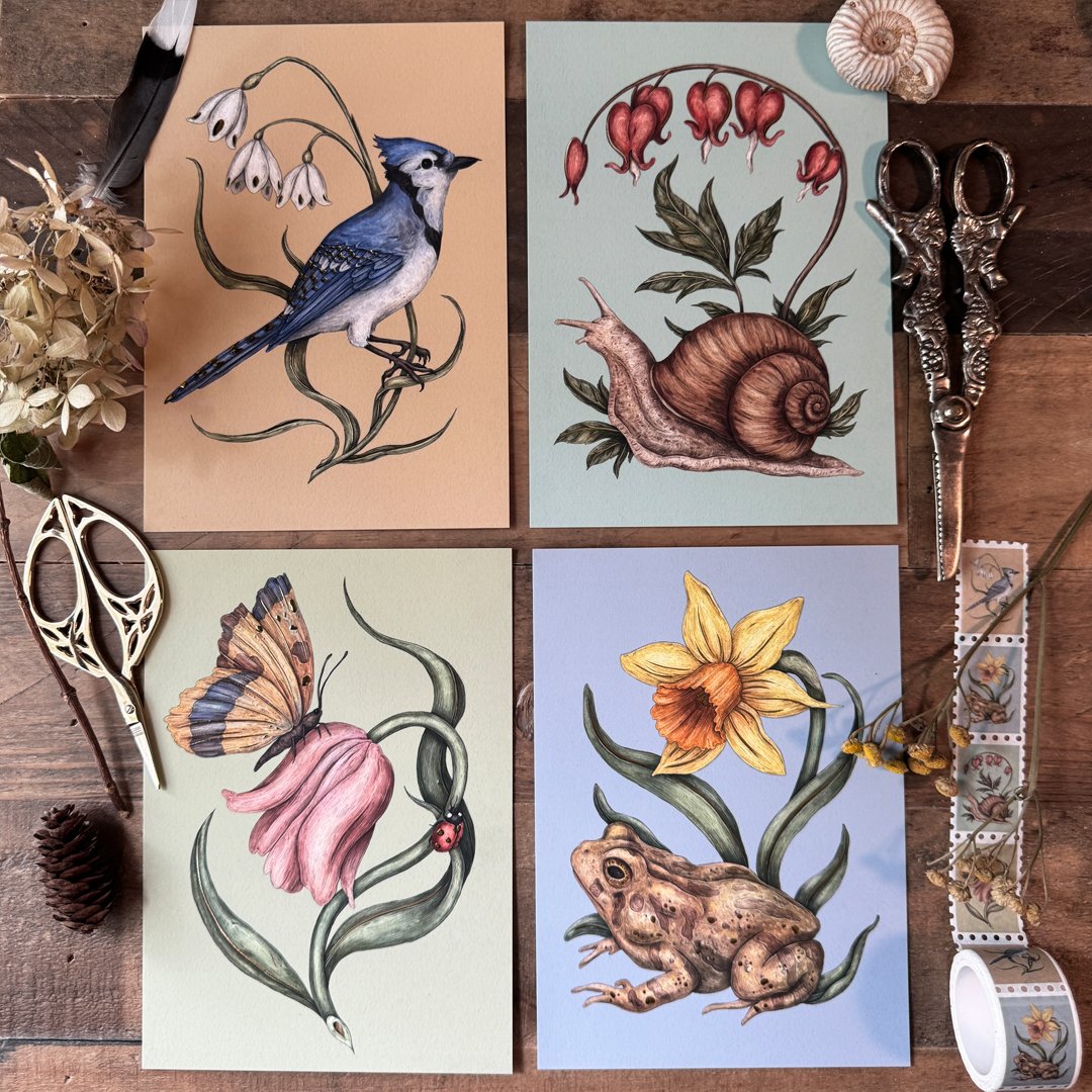 Faces in the forest 森の仲間たち : postcard b… Gold Foil Garden Friends Postcards | Jessica Roux