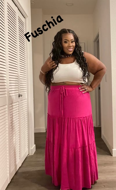 Image of 3PACK PLUS SIZE TIERED RUFFLE RAW HEM MAXI SKIRT-FUSCHIA