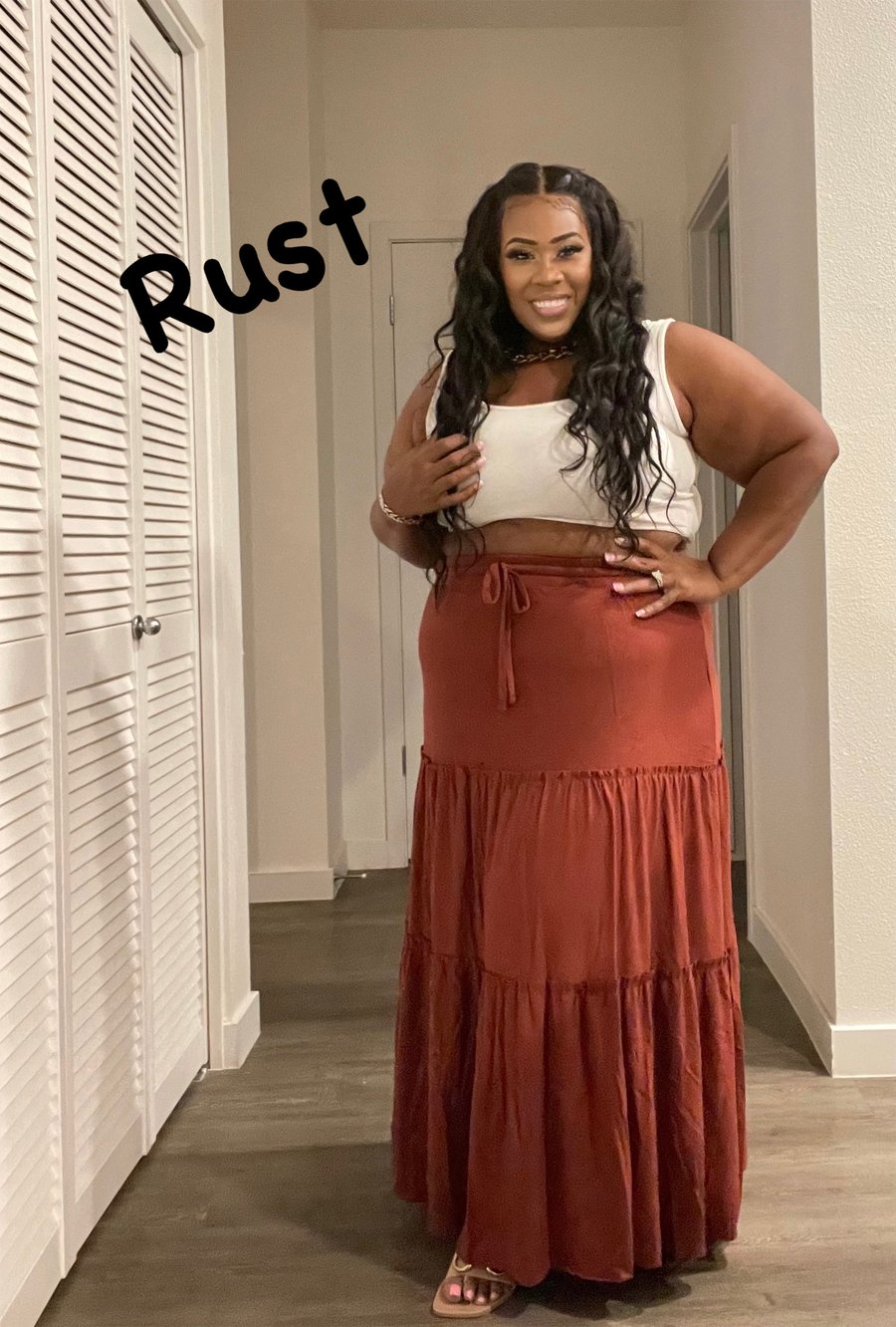 Image of 3PACK PLUS SIZE TIERED RUFFLE RAW HEM MAXI SKIRT-RUST