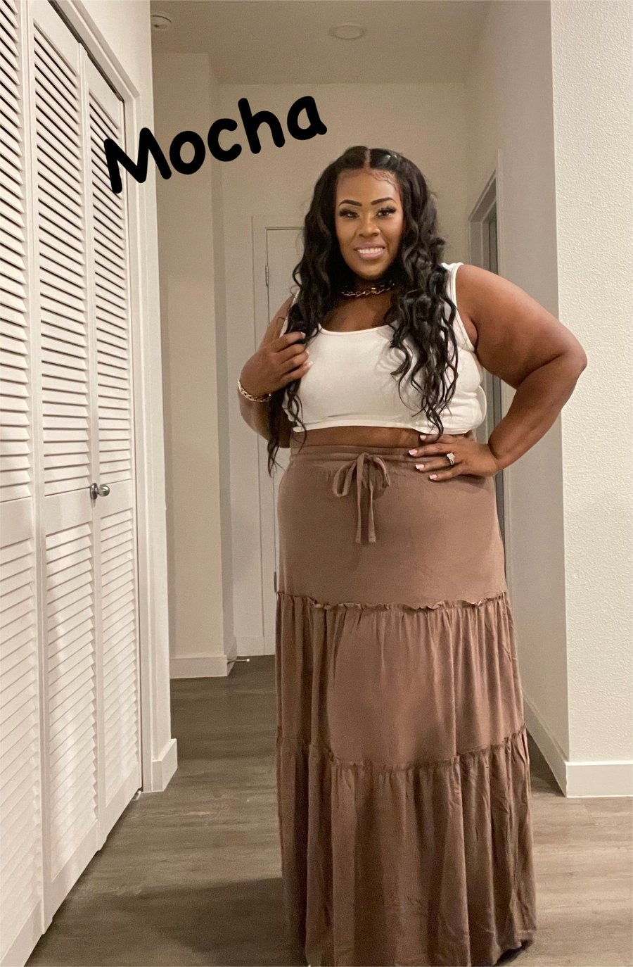 Image of 3PACK PLUS SIZE TIERED RUFFLE RAW HEM MAXI SKIRT-MOCHA