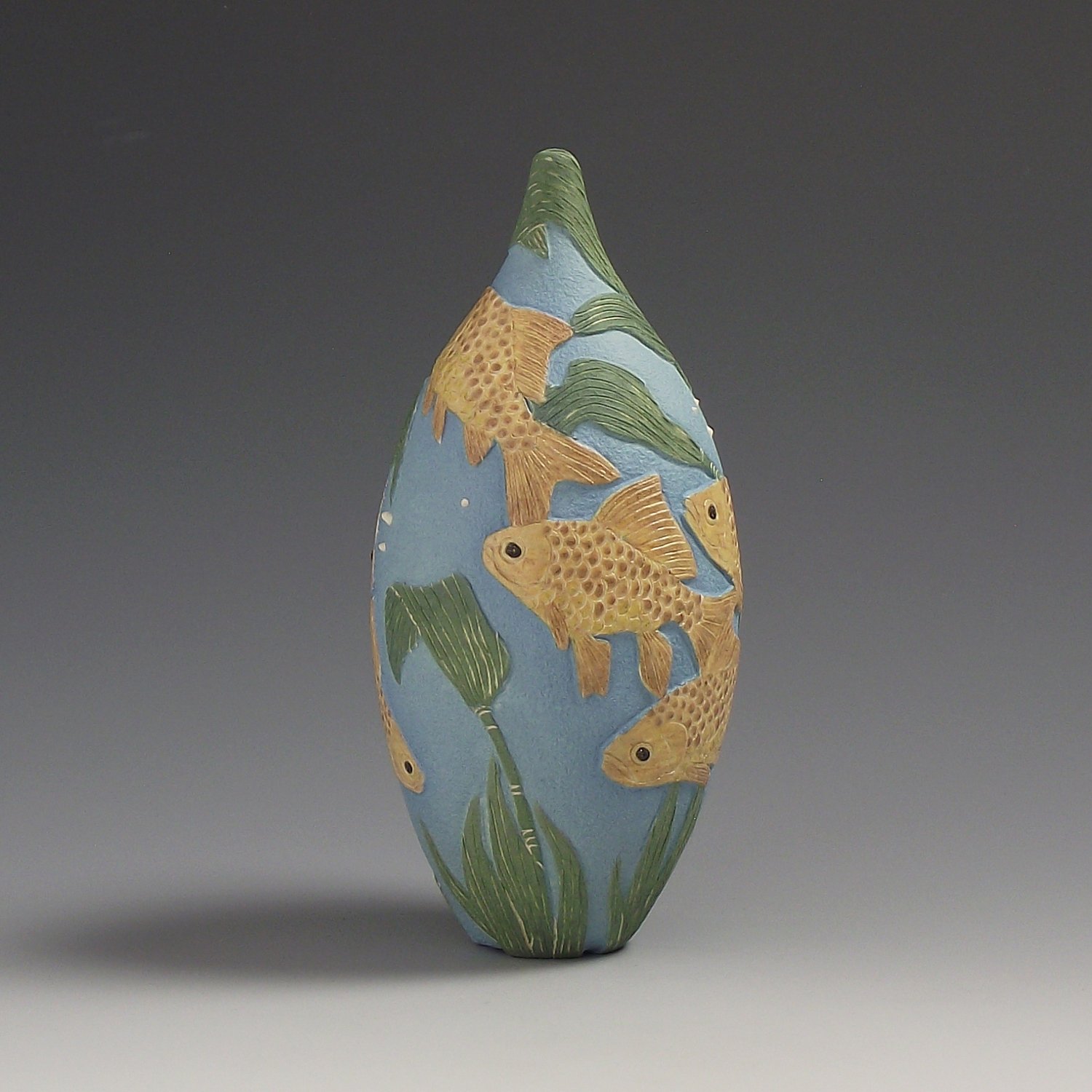 Image of Yellow & turquoise goldfish sgraffito vessel 