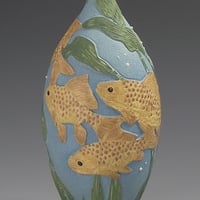 Image 2 of Yellow & turquoise goldfish sgraffito vessel 