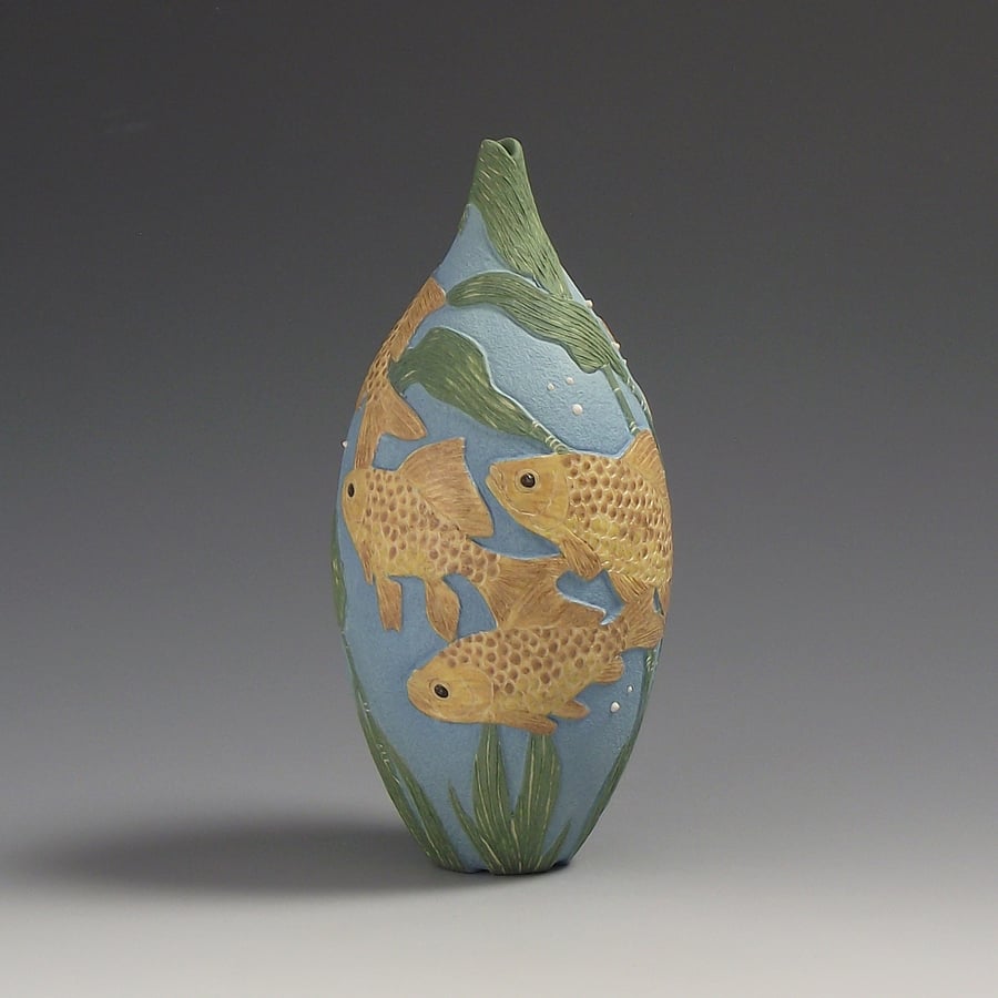 Image of Yellow & turquoise goldfish sgraffito vessel 