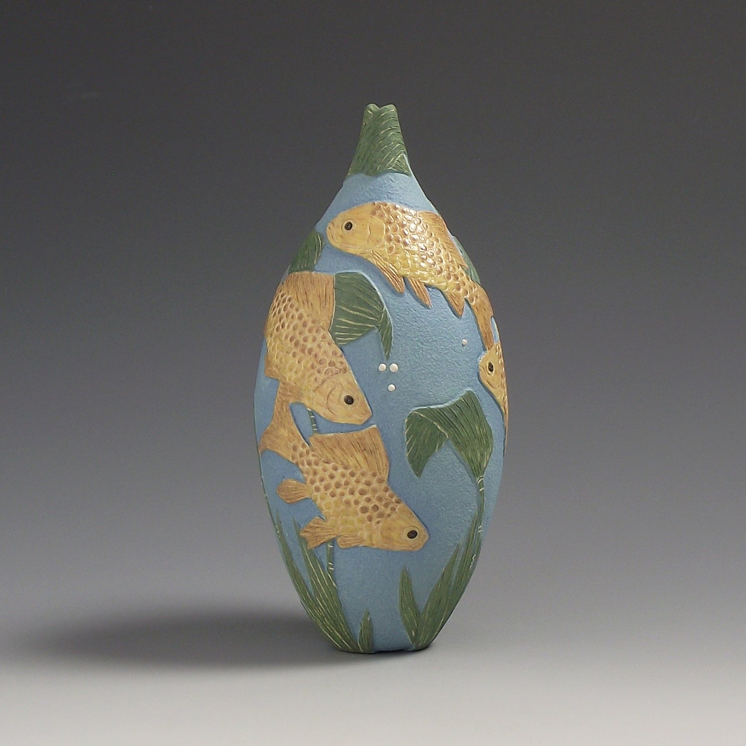 Image of Yellow & turquoise goldfish sgraffito vessel 