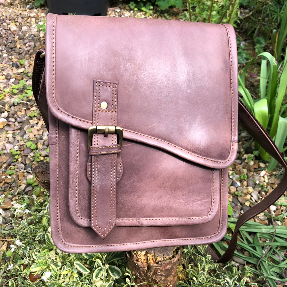 Image of Handmade Leather ManBag Rustic  Brown Buffalo -Shaped Front