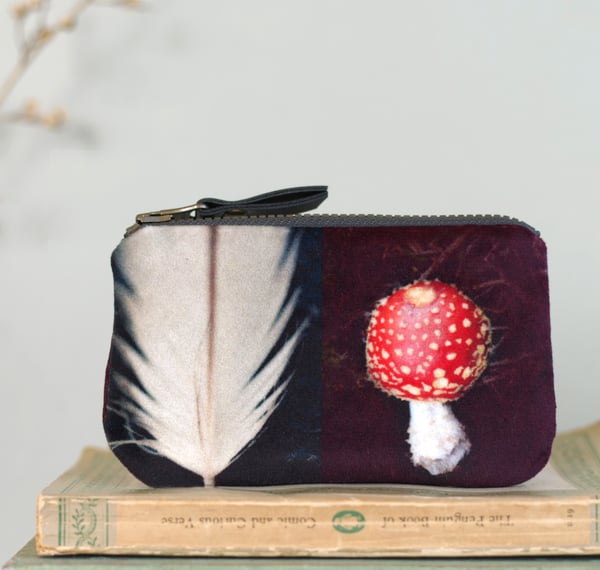 Image of Fly agaric feather, zipper bag with plant-dyed lining