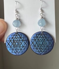 Image 1 of Blue Sri Yantra Earrings (with Aquamarine Crystal and Silver Lava Stone)