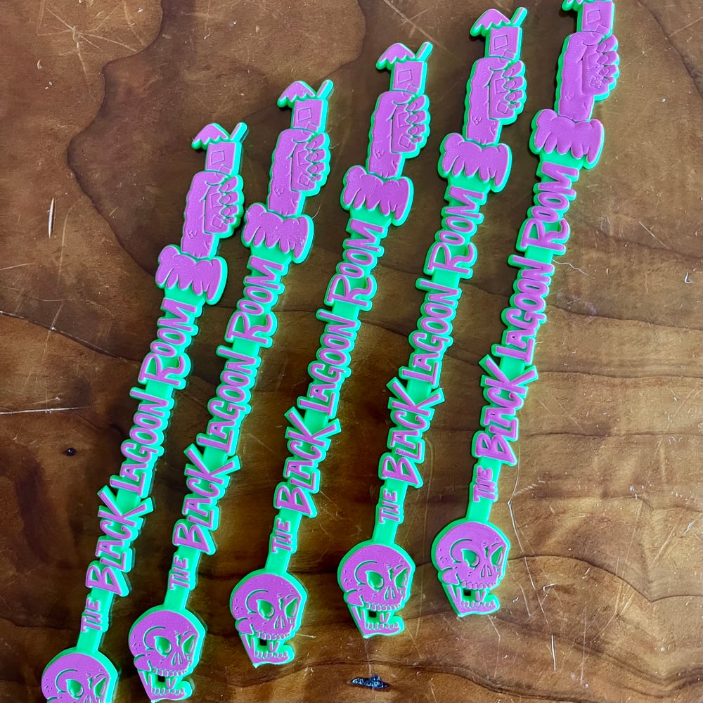 BLACK LAGOON ROOM 7.5" Logo Swizzle Sticks - Neon Green & Hot Pink