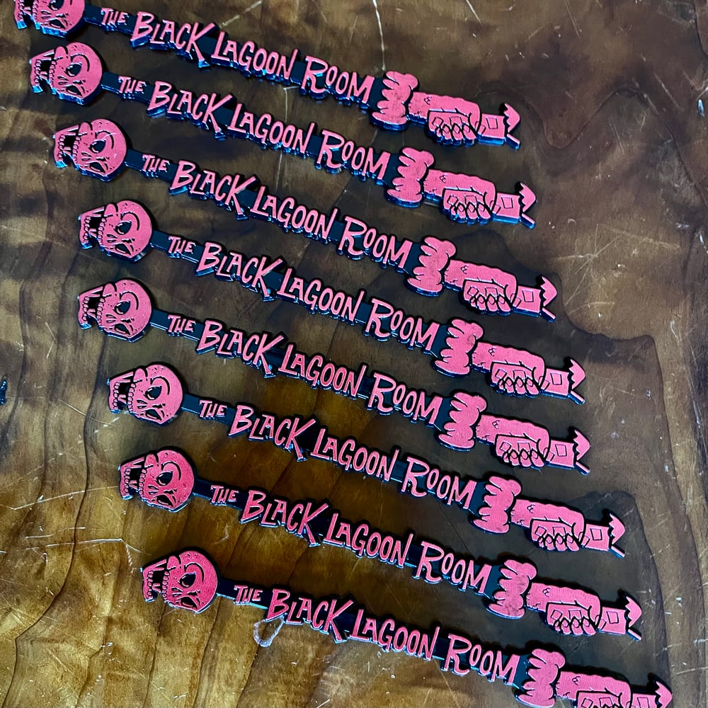 BLACK LAGOON ROOM 7.5" Logo Swizzle Sticks - Black & Rusty Red
