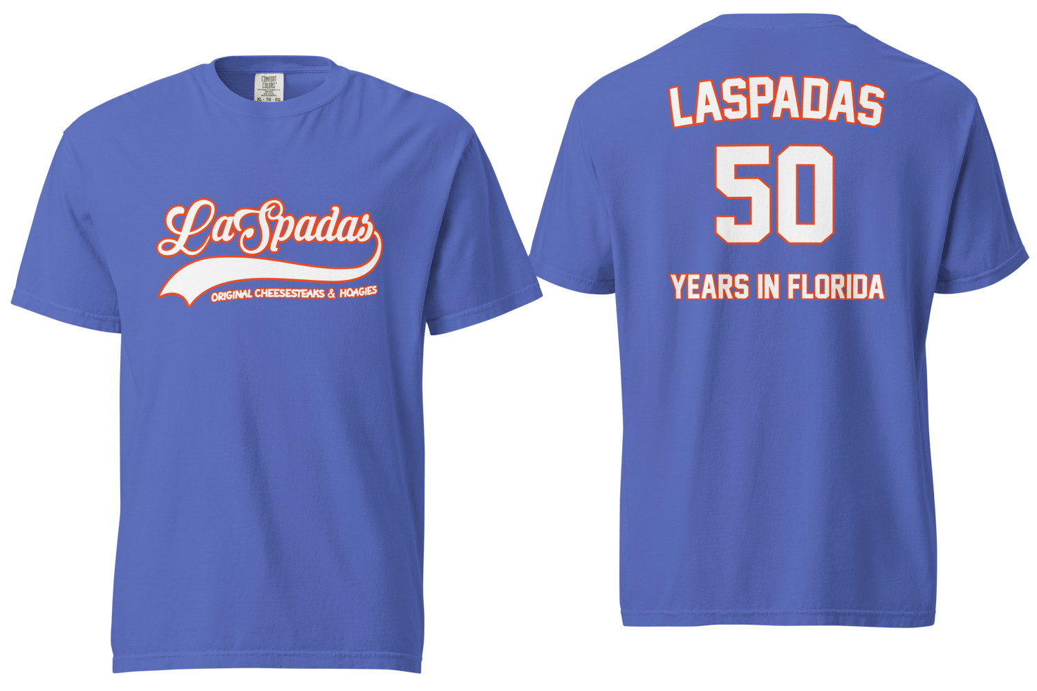 Image of Laspada's 50 Years Orange and White on Blue