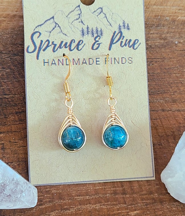 Blue Apatite & Gold Handmade Herringbone Earrings