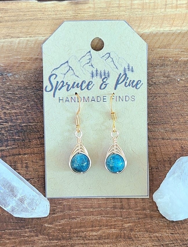 Blue Apatite & Gold Handmade Herringbone Earrings