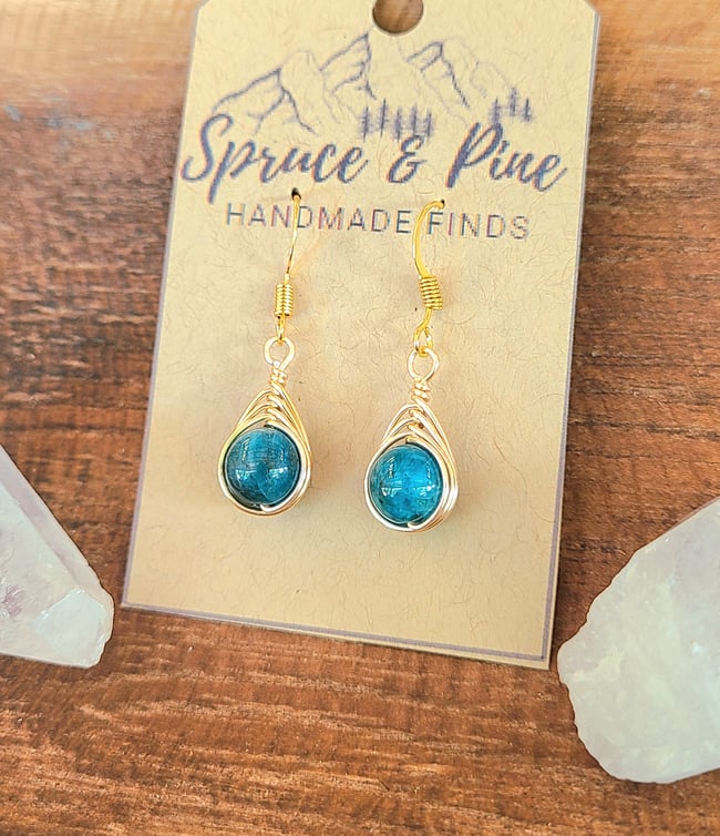 Blue Apatite & Gold Handmade Herringbone Earrings