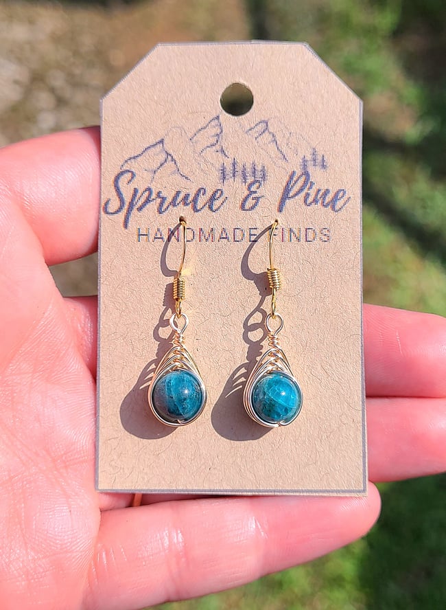 Blue Apatite & Gold Handmade Herringbone Earrings