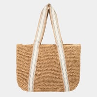 Image 1 of Embroidered Strap Straw Knit Tote Bag