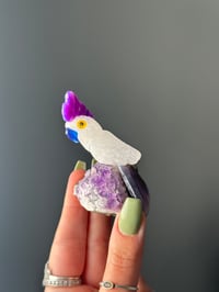 Image 1 of HAND CARVED SELF STANDING BIRDS ON AMETHYST BASES