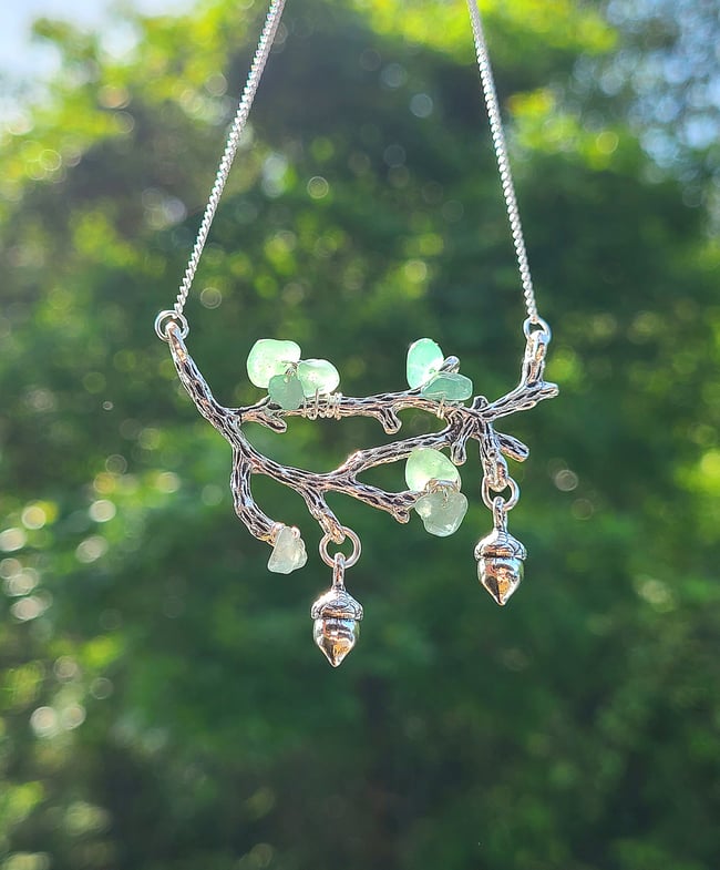 Green Aventurine Oak Acorn Tree Branch Necklace