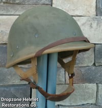 Image 12 of WWII M2 Dbale 509th PIB Front Seam Helmet and Replica Airborne Hawley rayon liner.