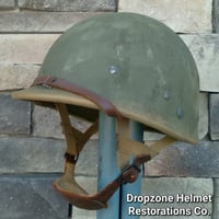 Image 14 of WWII M2 Dbale 509th PIB Front Seam Helmet and Replica Airborne Hawley rayon liner.