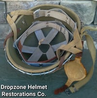 Image 13 of WWII M2 Dbale 509th PIB Front Seam Helmet and Replica Airborne Hawley rayon liner.