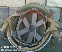 Image 16 of WWII M2 Dbale 509th PIB Front Seam Helmet and Replica Airborne Hawley rayon liner.