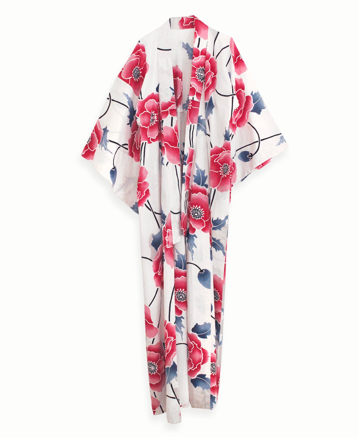 Image of Kimono af bomuld - hvid med røde valmuer - håndtrykt