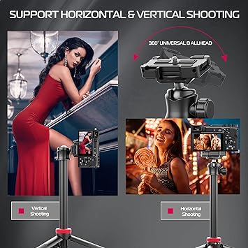 Tripod, 59" Selfie Stick Phone Vlog Tripod Stand with 2 in 1 Phone Clip, 360° Ball Head Camera