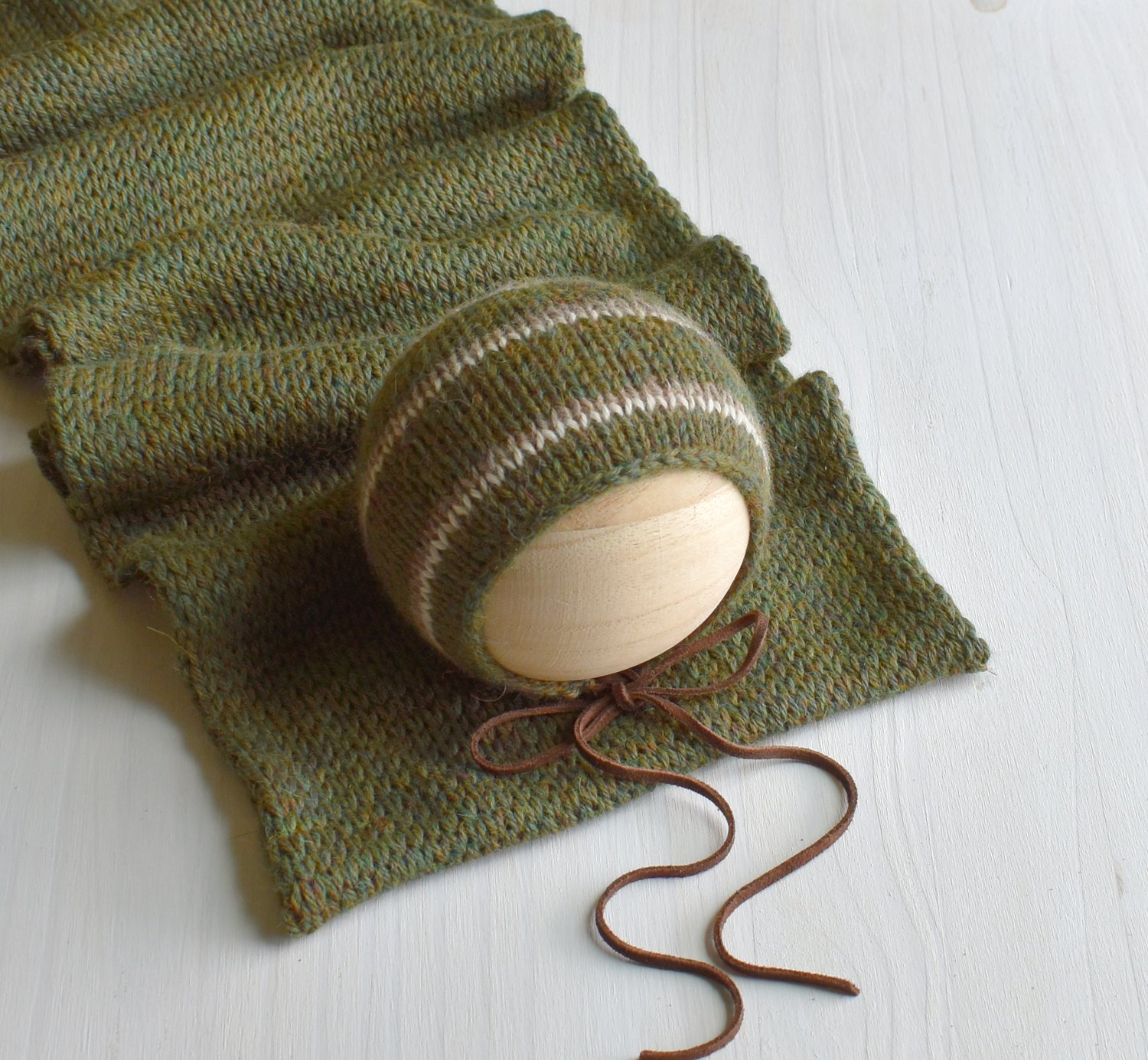 Image of Mossy Green Striped Bonnet with Suede Ties & Wrap