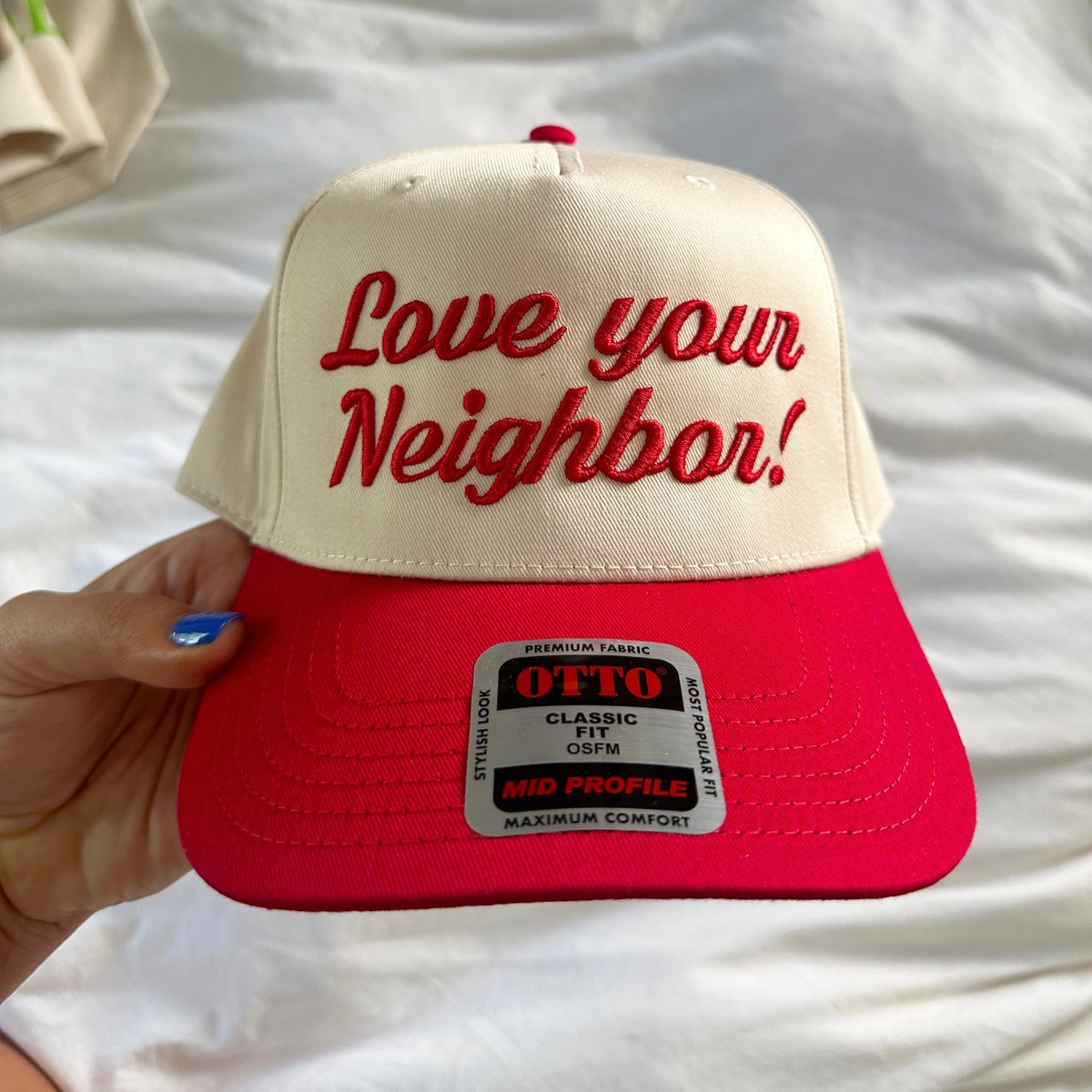 Image of love your neighbor embroidered hat - red/natural