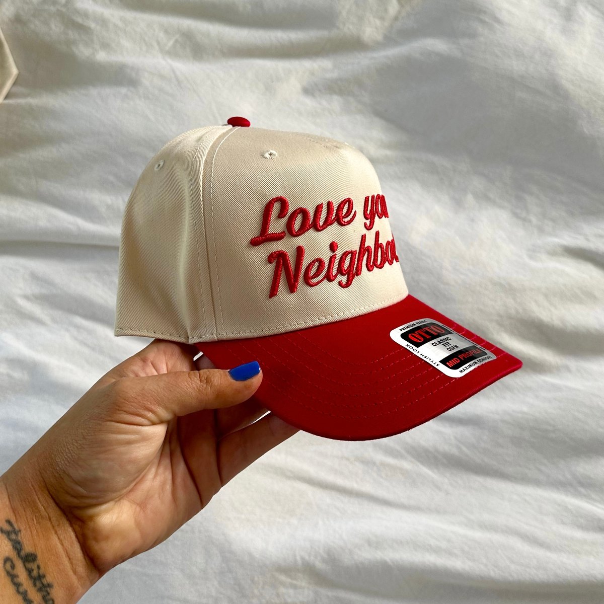 Image of love your neighbor embroidered hat - red/natural