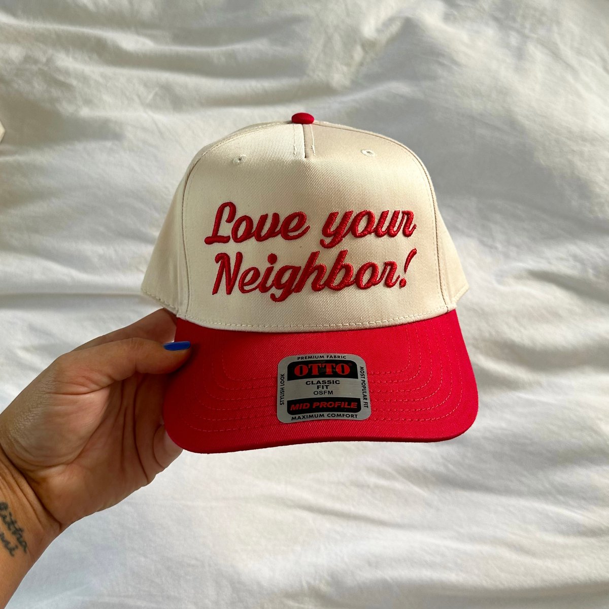 Image of love your neighbor embroidered hat - red/natural