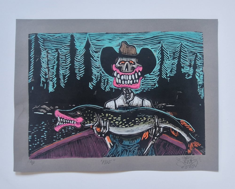 PIKE  Embellished Linocut, Artist Proof