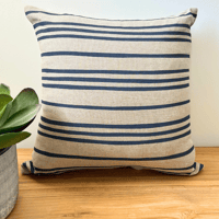 Image 1 of Navy French Stripes Cushion Cover - Handprinted on Natural Linen