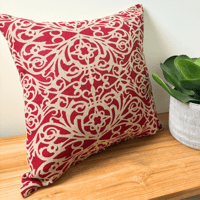 Image 1 of Fretwork Cushion Cover in Red on Natural Linen