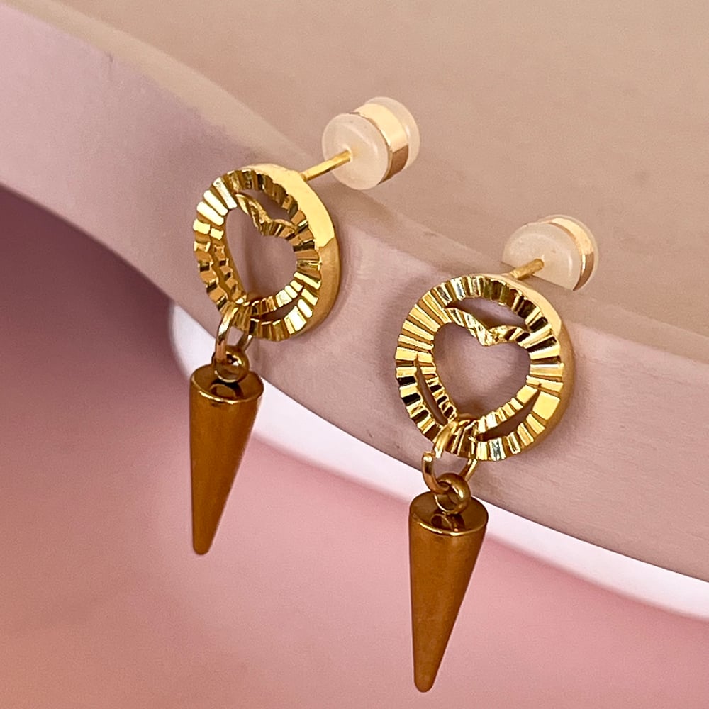 Image of Ridged Heart and Spike Circle Studs - Gold