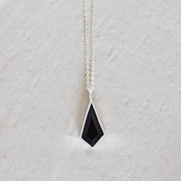 Image of Black Agate kite shape faceted cut silver necklace